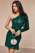 Load image into Gallery viewer, Sequin One-Shoulder Fringe Hem Dress