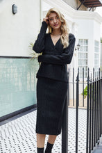 Load image into Gallery viewer, Mixed Knit V-Neck Cardigan and Knit Skirt Set