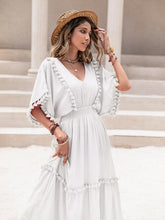 Load image into Gallery viewer, Tassel Trim Smocked V-Neck Short Sleeve Dress