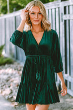 Load image into Gallery viewer, Drawstring V-Neck Tied Back Mini Dress