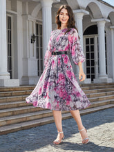 Load image into Gallery viewer, Floral Print Round Neck Balloon Sleeve Midi Dress