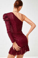 Load image into Gallery viewer, Sequin One-Shoulder Fringe Hem Dress