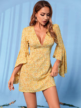 Load image into Gallery viewer, Floral Deep V Flare Sleeve Mini Dress