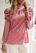 Load image into Gallery viewer, Tie Up Mock Neck Velvet Fabric Long Sleeve Blouse