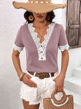 Load image into Gallery viewer, Decorative Button Spliced Lace Short Sleeve Top