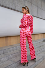 Load image into Gallery viewer, Heart Print Velour Zip Up Cropped Jacket and Pants Set