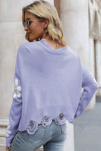 Load image into Gallery viewer, Flower Distressed Ribbed Trim Sweater