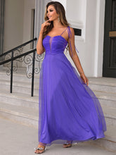 Load image into Gallery viewer, Tie Shoulder Ruched Mesh Overlay Maxi Dress