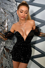 Load image into Gallery viewer, Glitter Ruched Mesh Sleeve Mini Dress