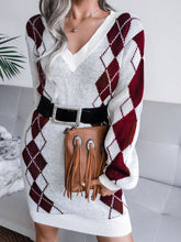 Load image into Gallery viewer, Argyle V-Neck Ribbed Trim Sweater Dress