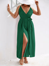 Load image into Gallery viewer, Plus Size Belted Split Spaghetti Strap Pleated Jumpsuit
