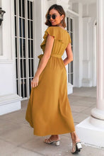 Load image into Gallery viewer, Ruffled Surplice Tie Waist Slit Midi Dress
