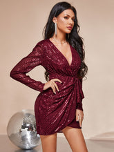 Load image into Gallery viewer, Sequined Puff Sleeve Ruffled Mini Wrap Dress