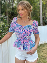 Load image into Gallery viewer, Floral Ruched Sweetheart Neck Peplum Top