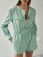 Load image into Gallery viewer, Buttoned Round Neck Romper with Pockets