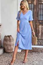Load image into Gallery viewer, Gathered Detail Buttoned V-Neck Midi Dress