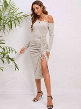 Load image into Gallery viewer, Asymmetrical Neck Drawstring Slit Dress