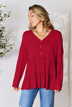 Load image into Gallery viewer, Double Take Half Button Long Sleeve Ruffle Hem Blouse