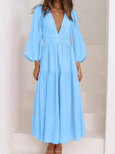 Load image into Gallery viewer, Deep V-Neck Balloon Sleeve Plain Maxi Dress