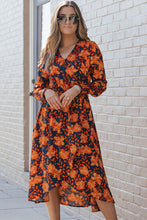 Load image into Gallery viewer, Printed Tie Front Smocked Long Sleeve Dress