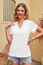 Load image into Gallery viewer, Contrast Trim Pom-Pom Detail Notched Neck Blouse