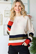 Load image into Gallery viewer, Striped Round Neck Decorative Button Dropped Shoulder Pullover Sweater
