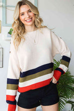 Load image into Gallery viewer, Striped Round Neck Decorative Button Dropped Shoulder Pullover Sweater