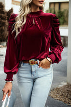 Load image into Gallery viewer, Tie Up Mock Neck Velvet Fabric Long Sleeve Blouse
