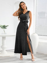 Load image into Gallery viewer, Slit Surplice Tie Waist Sleeveless Dress