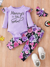 Load image into Gallery viewer, Baby Girl Graphic Ribbed Ruffle Shoulder Bodysuit and Printed Pants Set