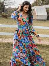Load image into Gallery viewer, Printed Smocked Tie Neck Balloon Sleeve Maxi Dress