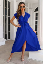 Load image into Gallery viewer, Ruffled Surplice Tie Waist Slit Midi Dress