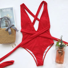 Load image into Gallery viewer, Halter Neck Deep V Tied One-Piece Swimsuit