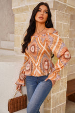Load image into Gallery viewer, Printed Off-Shoulder Smocked Flounce Sleeve Blouse