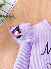 Load image into Gallery viewer, Baby Girl Graphic Ribbed Ruffle Shoulder Bodysuit and Printed Pants Set