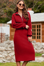 Load image into Gallery viewer, Half Zip Collared Neck Slit Midi Dress