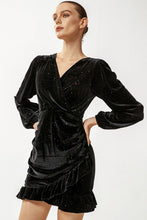 Load image into Gallery viewer, Glitter Ruched Ruffle Hem Surplice Mini Velvet Dress