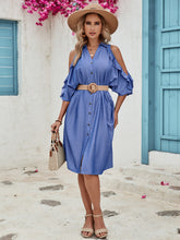 Load image into Gallery viewer, Ruffled Button Up Cold Shoulder Dress