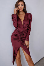 Load image into Gallery viewer, Ruched Tulip Hem Puff Sleeve Plunge Satin Dress