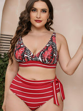 Load image into Gallery viewer, Full Size Botanical Print Striped Bikini Set