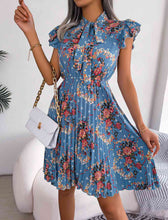 Load image into Gallery viewer, Pleated Floral Printed Tie Neck Knee Length Dress