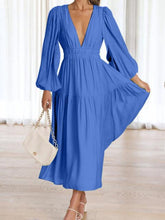 Load image into Gallery viewer, Deep V-Neck Balloon Sleeve Plain Maxi Dress