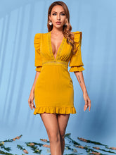 Load image into Gallery viewer, Lace Trim Ruffle Shoulder Flounce Sleeve Mini Dress