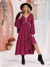 Load image into Gallery viewer, V-Neck Lantern Sleeve Ruffle Hem Dress
