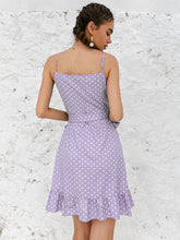 Load image into Gallery viewer, Polka Dot Tie Waist Ruffle Hem Mini Wrap Dress