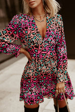 Load image into Gallery viewer, Leopard Flounce Sleeve Plunge Mini Dress