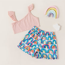 Load image into Gallery viewer, Asymmetrical Neck Top and Rainbow Print Shorts Set
