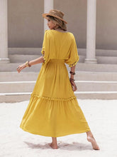 Load image into Gallery viewer, Tassel Trim Smocked V-Neck Short Sleeve Dress
