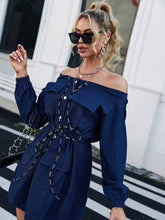 Load image into Gallery viewer, Off-Shoulder Drawstring Denim Dress with Pockets