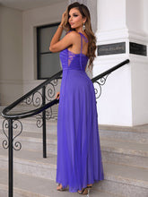 Load image into Gallery viewer, Tie Shoulder Ruched Mesh Overlay Maxi Dress